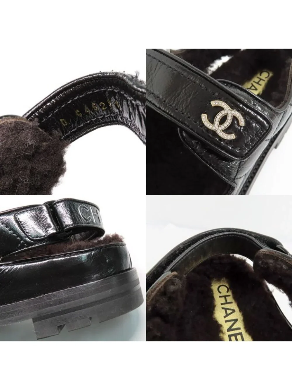 Chanel Sandals 23 K boa Rhinestone Coco Mark 38 Black Leather - Picture 8 of 10